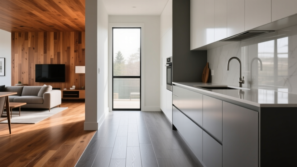 Modern kitchen with gray luxury vinyl plank flooring transitioning seamlessly into warm engineered oak hardwood in a living area