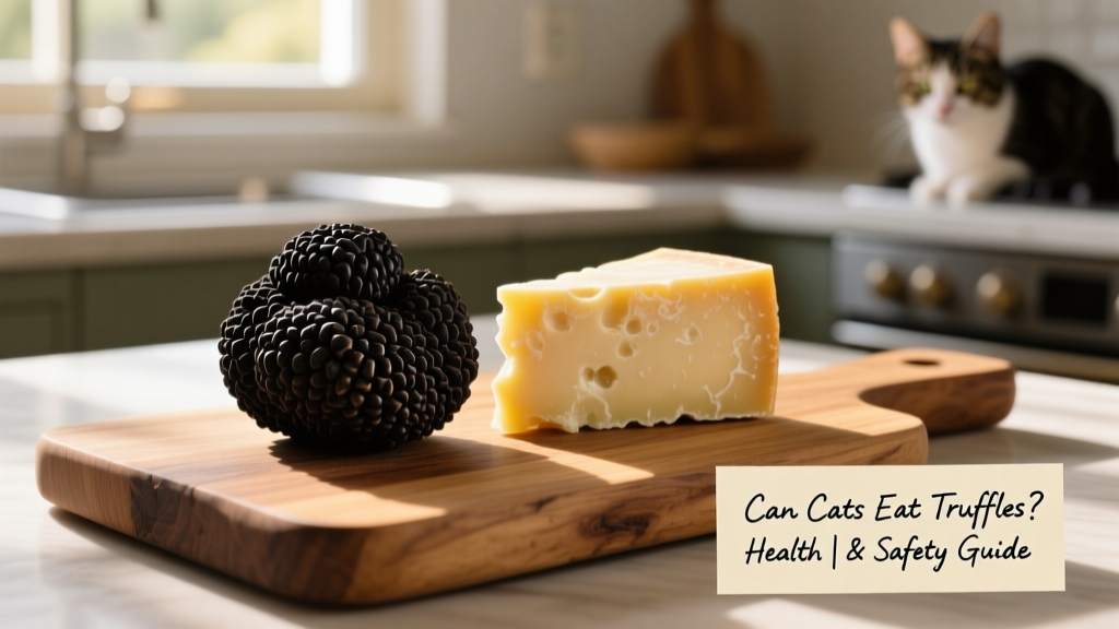 A fresh black truffle next to a slice of cheese on a wooden board
