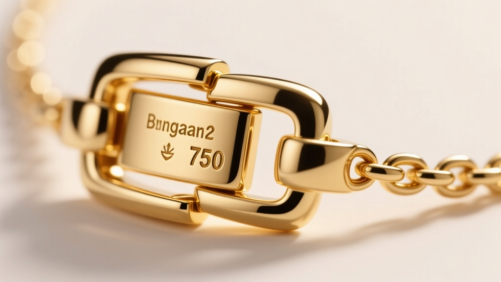 Close-up of a gold brand necklace clasp showing a laser serial number and 750 hallmark under a bright jeweler's loupe light