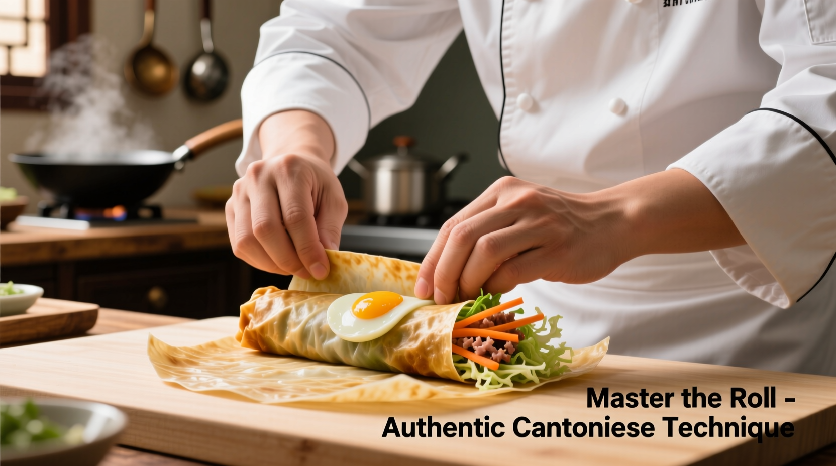 Chef demonstrating proper egg roll wrapping technique