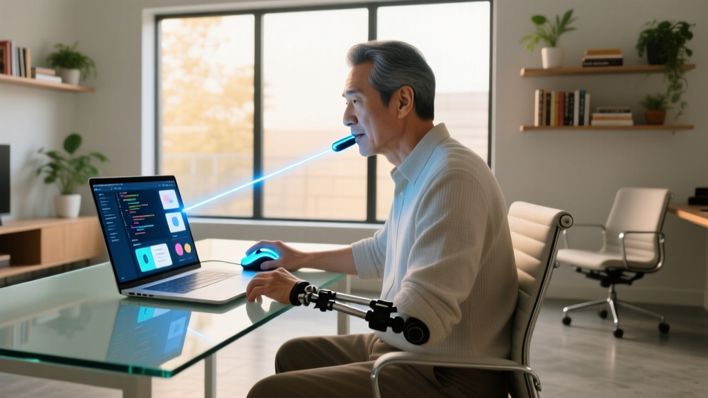 Person with limited hand mobility using a GlassOuse V3 bite-switch mouse to navigate a glowing laptop screen in a modern home office