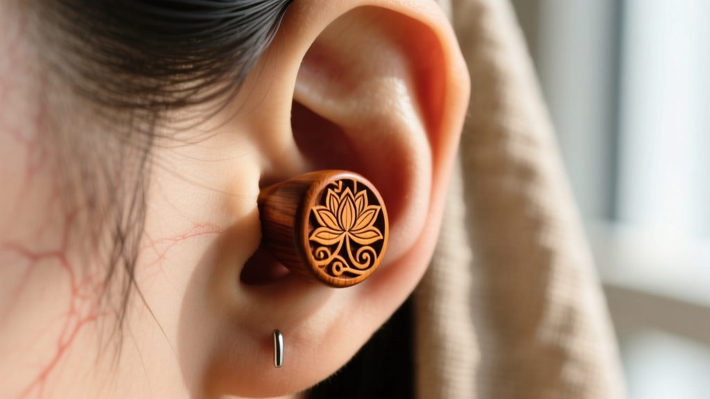 Close-up of a stretched earlobe at half-inch gauge wearing a carved wooden plug with floral inlays in natural daylight