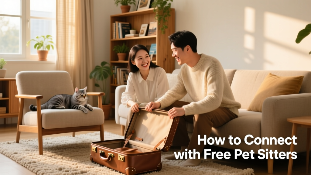 A smiling couple unpacking a suitcase in a cozy living room, with a calm cat nearby