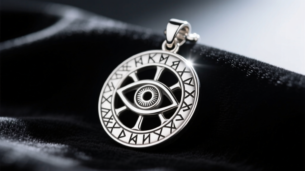 Macro shot of a sterling silver Eye of Agamotto Dr Strange necklace pendant on dark velvet highlighting intricate engraved runes