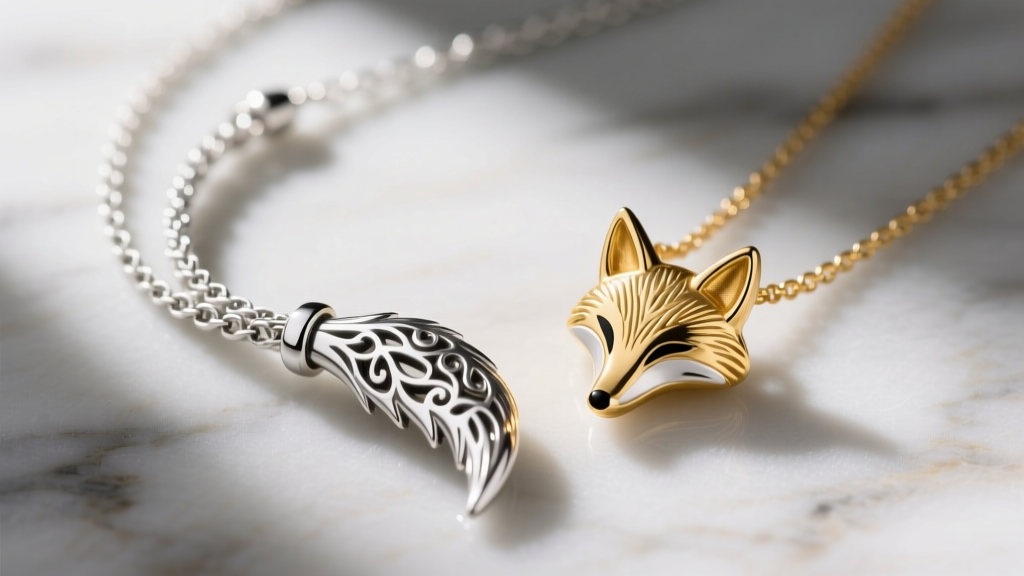 Macro shot of a sterling silver fox tail necklace beside a 14k gold vermeil fox pendant, showing contrasting metal finishes.