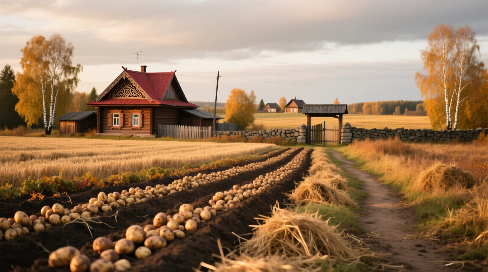 Russian potato fields with traditional wooden houses in background