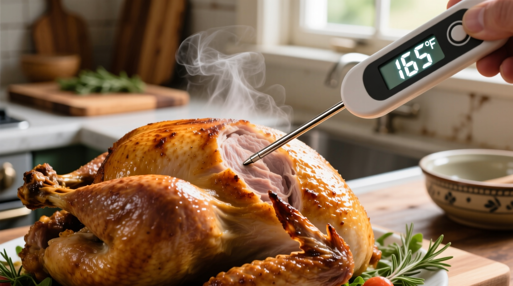 Thermometer checking turkey breast temperature
