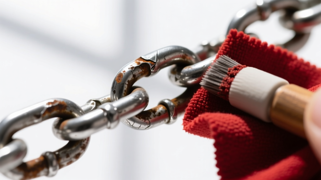 Macro view of a tarnished silver chain rubbed with a rouge cloth, showing the detailed metal link texture and bright contrast.