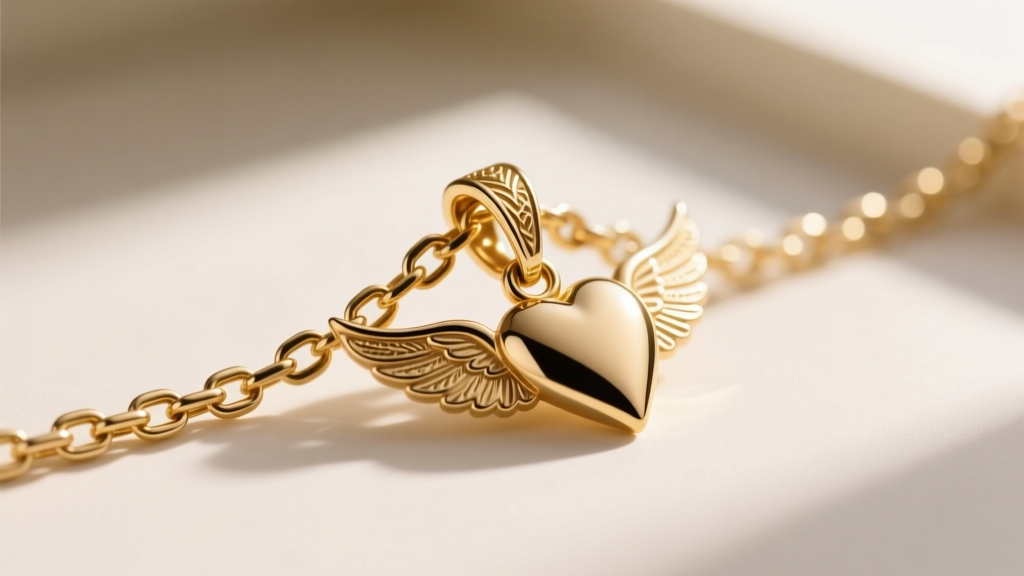 Macro shot of a gold box chain threading through a large soldered bail on a winged heart pendant, showing a tangle-free setup.