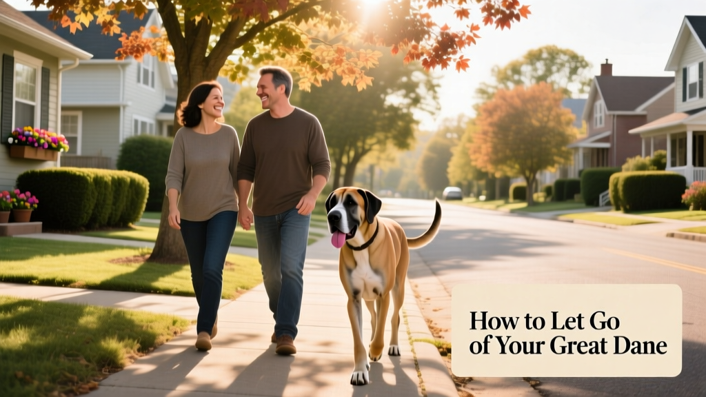 Two people smiling warmly as they walk side-by-side with a relaxed Great Dane on a sunny neighborhood street