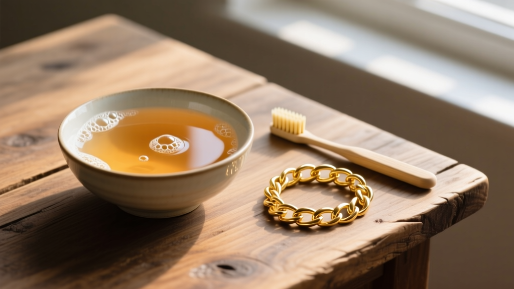 Ceramic bowl with warm soapy water and a soft toothbrush next to a polished 18k yellow gold link bracelet on a wooden table.