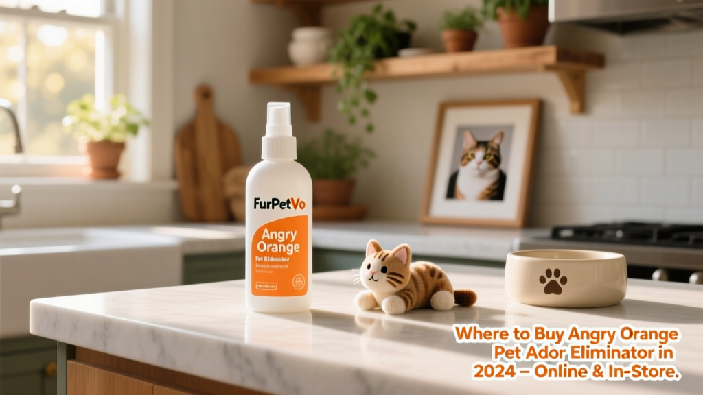 Bottle of FurPetVo Angry Orange Pet Odor Eliminator on a clean countertop next to a cat toy and water bowl