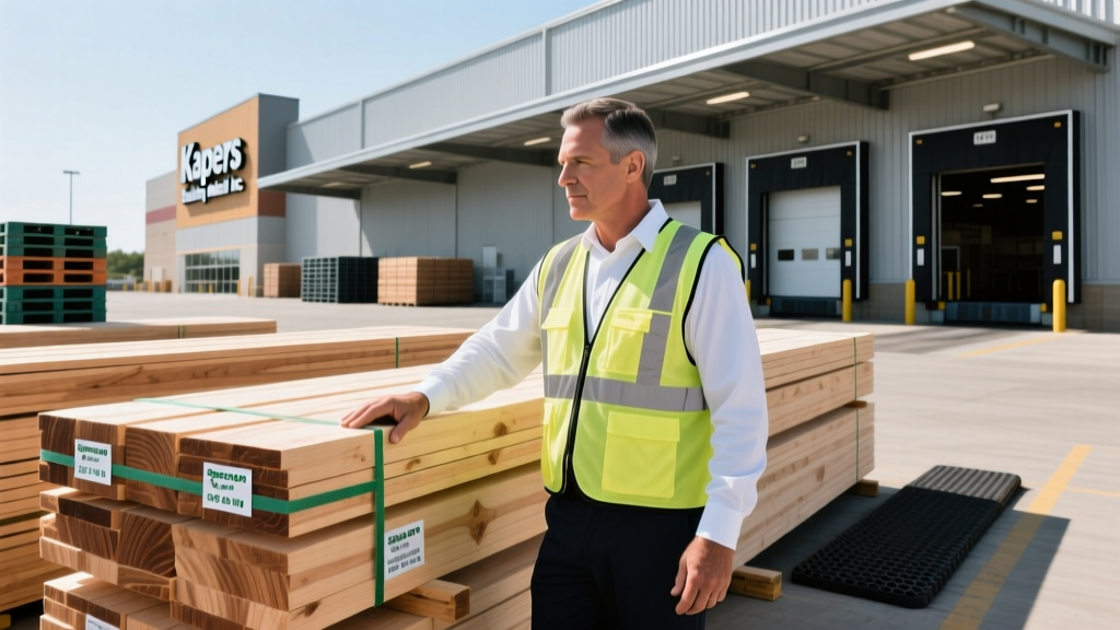 Contractor inspecting banded SPF lumber stacks at Kapers Building Material Inc yard next to a big box retail store loading dock
