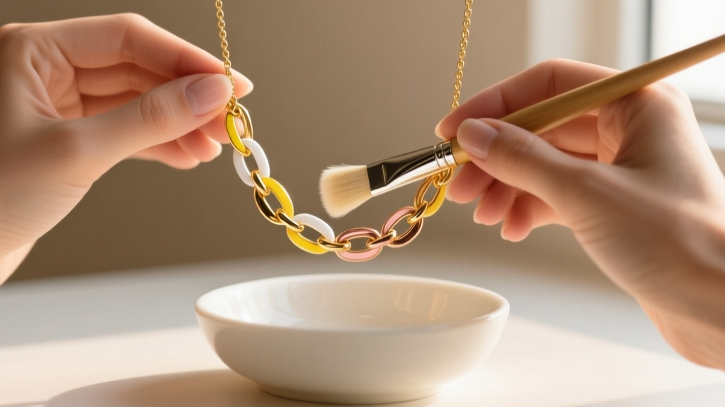 Hands using a soft brush and soapy water to clean a delicate tri-color gold chain necklace inside a small white ceramic bowl.