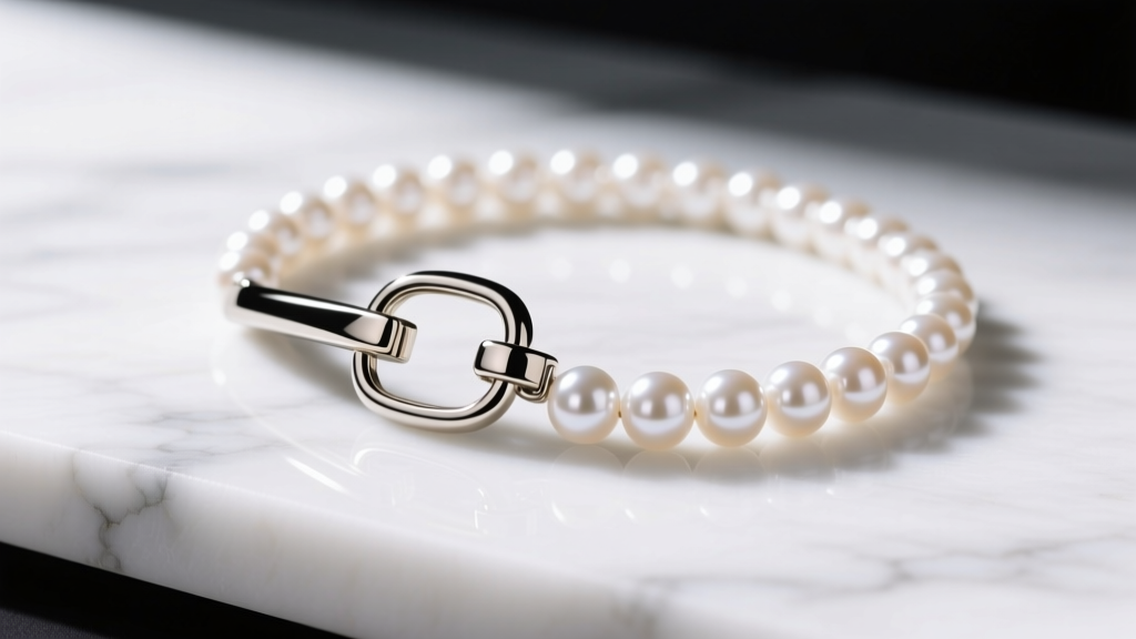 Macro shot of a magnetic clasp on a pearl necklace eyeglass holder resting on white marble in bright daylight