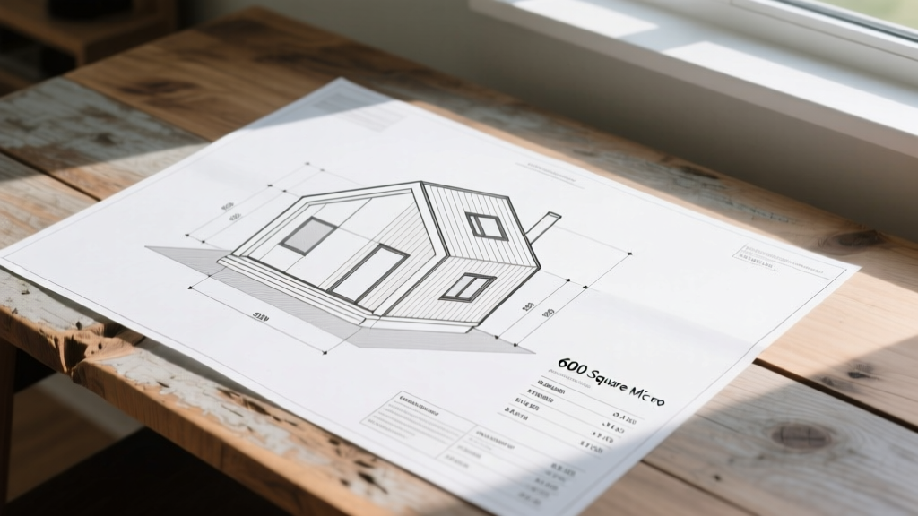Architectural blueprint of a 600 square foot small house with material cost estimates and square footage calculations overlaid on a wooden desk