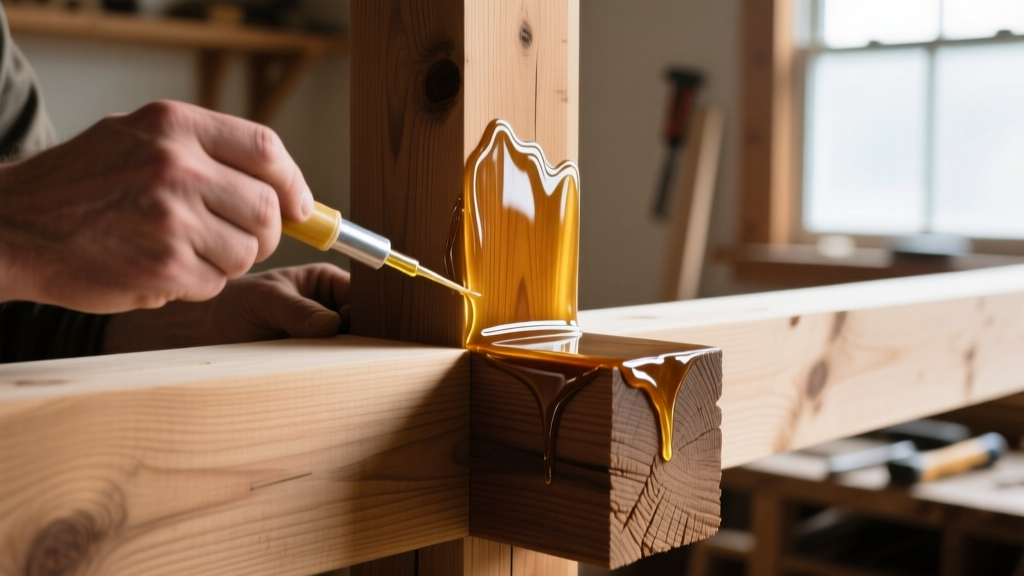 Close-up of a craftsman applying clear penetrating epoxy sealer to the exposed end-grain of a large timber mortise and tenon joint