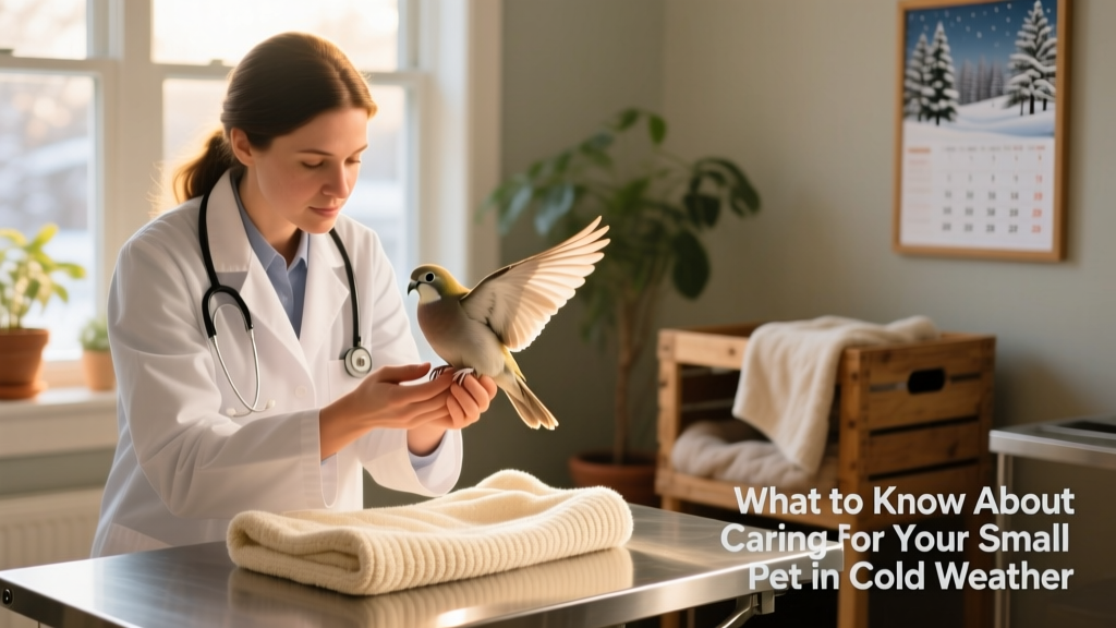 A veterinarian gently examining a small bird while holding it securely, with a warm towel draped nearby