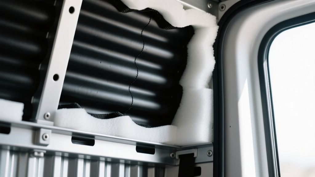 Black butyl sound deadener and white elastomeric foam applied to corrugated metal ribs inside a modern van conversion wall cavity