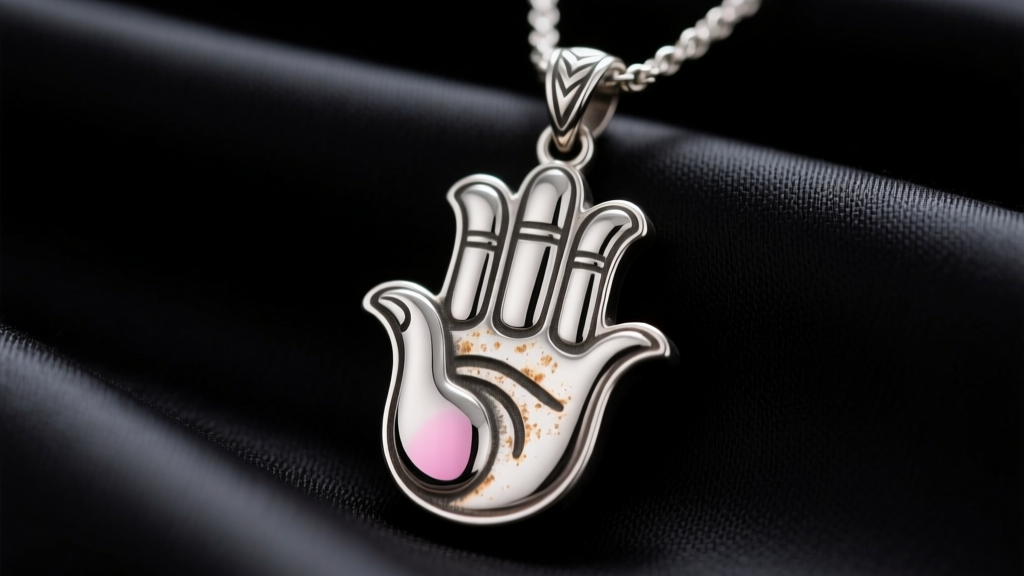 Close-up of an oxidized 925 sterling silver Hamsa pendant highlighting the mirrored thumb and pinky finger design against black silk