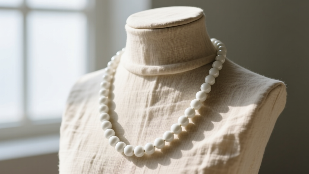 White ceramic bead necklace on a linen bust, showing its center of gravity, drape, and structural weight distribution mechanics.