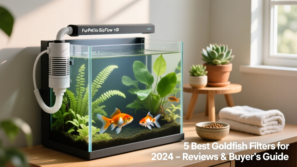 FurPetVo BioFlow HOB filter mounted on the back of a 30-gallon goldfish tank with clear water and healthy plants