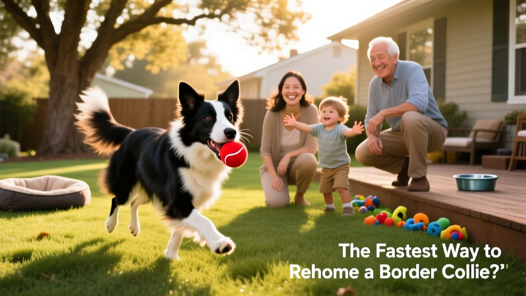 Happy Border Collie playing fetch in a sunlit backyard with a new adoptive family