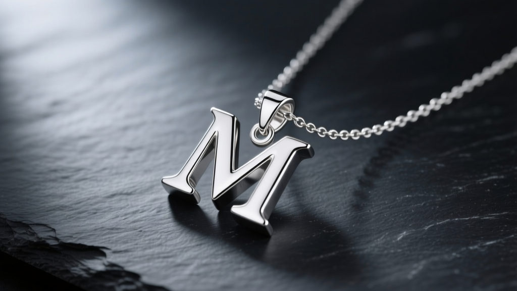 Polished sterling silver letter M pendant on a delicate 1mm cable chain, resting on dark slate with soft directional lighting
