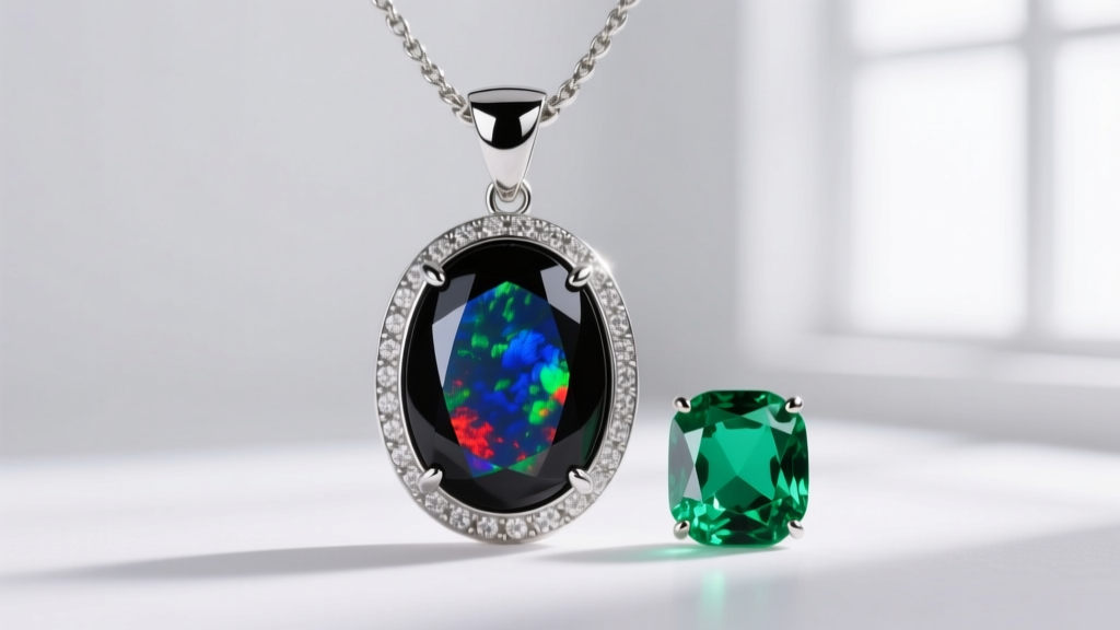 Macro view of an opal and emerald necklace pendant, showing a bezel-set black opal and a vibrant emerald in studio light.