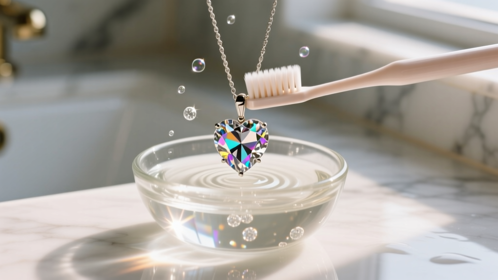 Soft toothbrush gently scrubbing a diamond heart pendant submerged in a small glass bowl of warm soapy distilled water.