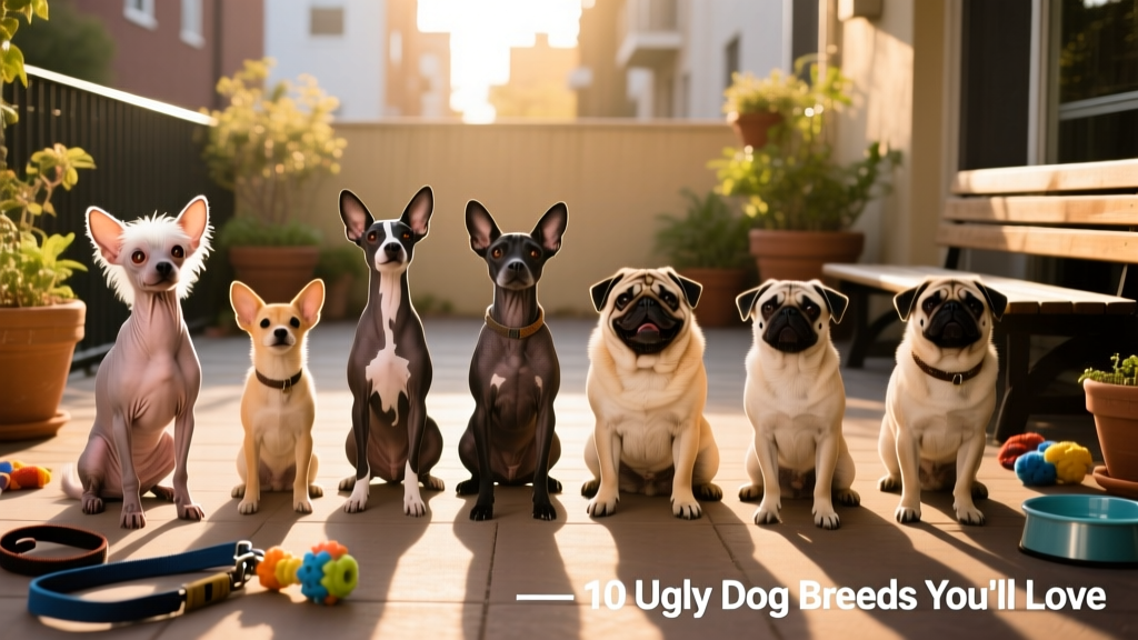 A playful lineup of ten distinctive-looking dogs including a Chinese Crested, Xoloitzcuintli, and Pug