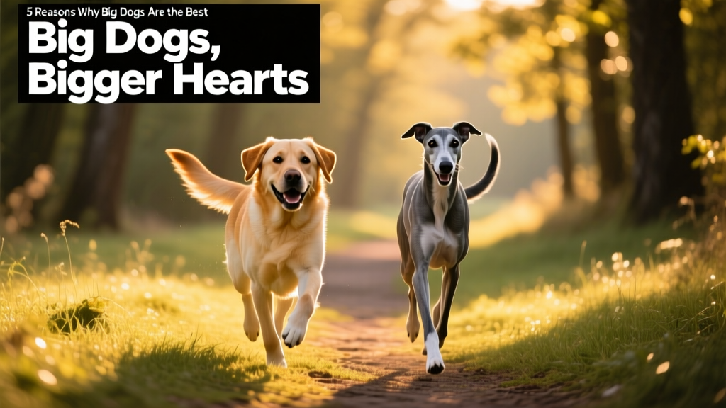 A joyful Labrador Retriever and Greyhound mix trotting side-by-side on a grassy trail during golden-hour light