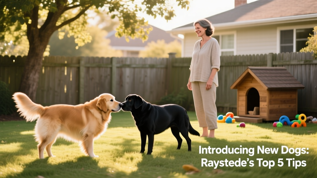 Two dogs sniffing each other in a fenced backyard while an owner watches quietly from a short distance