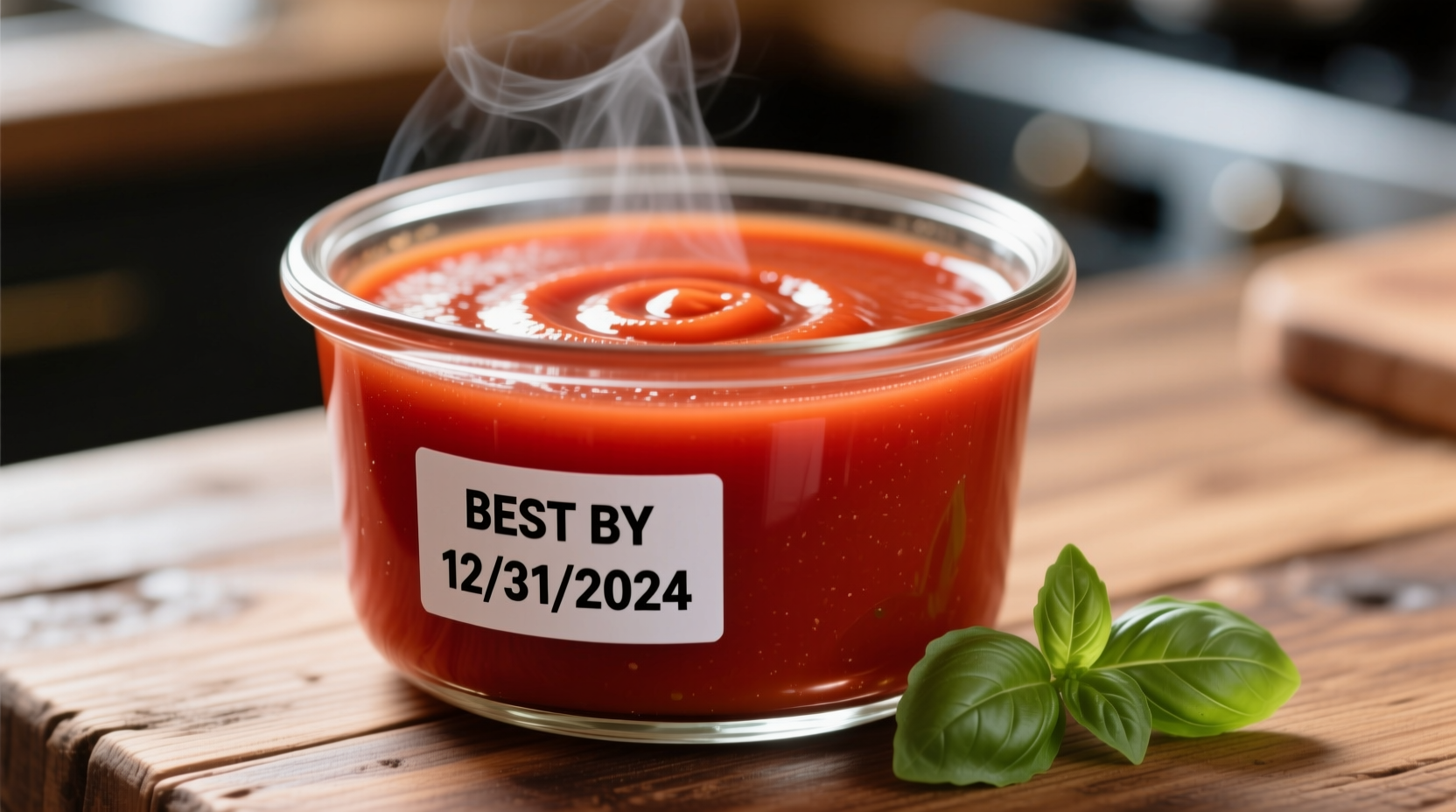 Tomato soup in glass containers with freshness dates