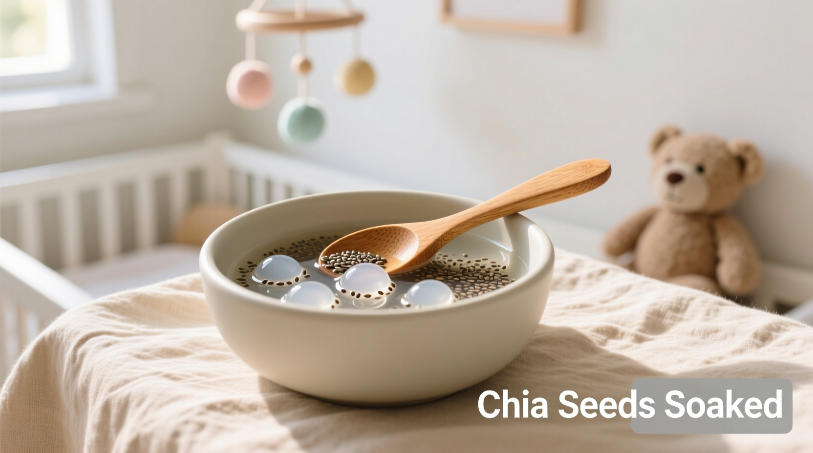 Properly soaked chia seeds in a baby food bowl with spoon