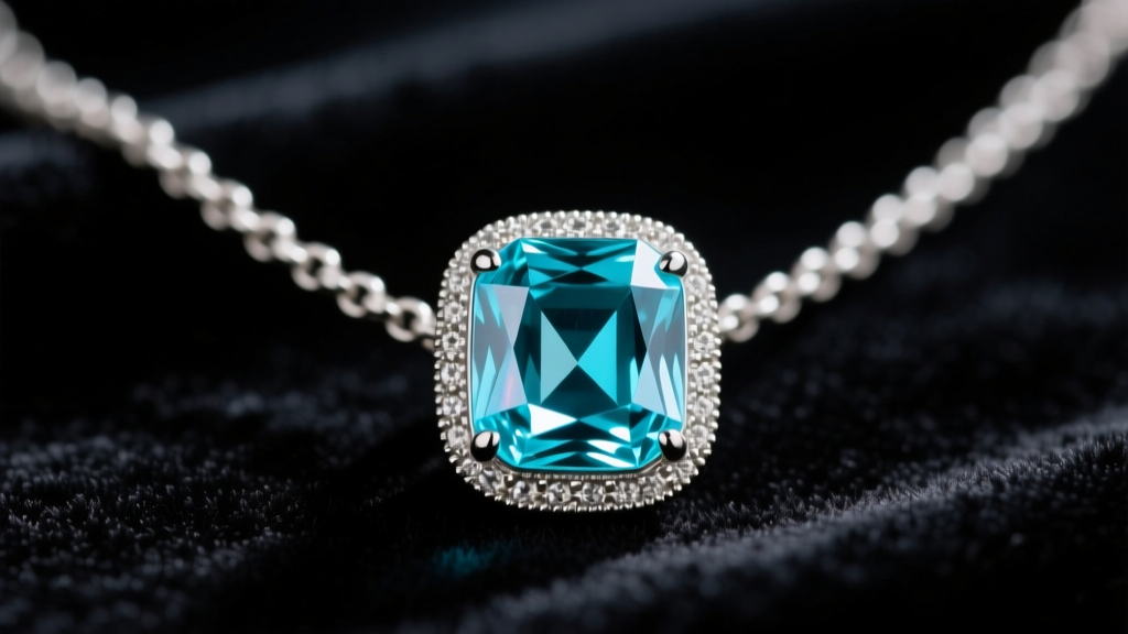 Macro shot of an Edwardian platinum antique aquamarine necklace with a step-cut gem and millegrain edges on dark velvet.