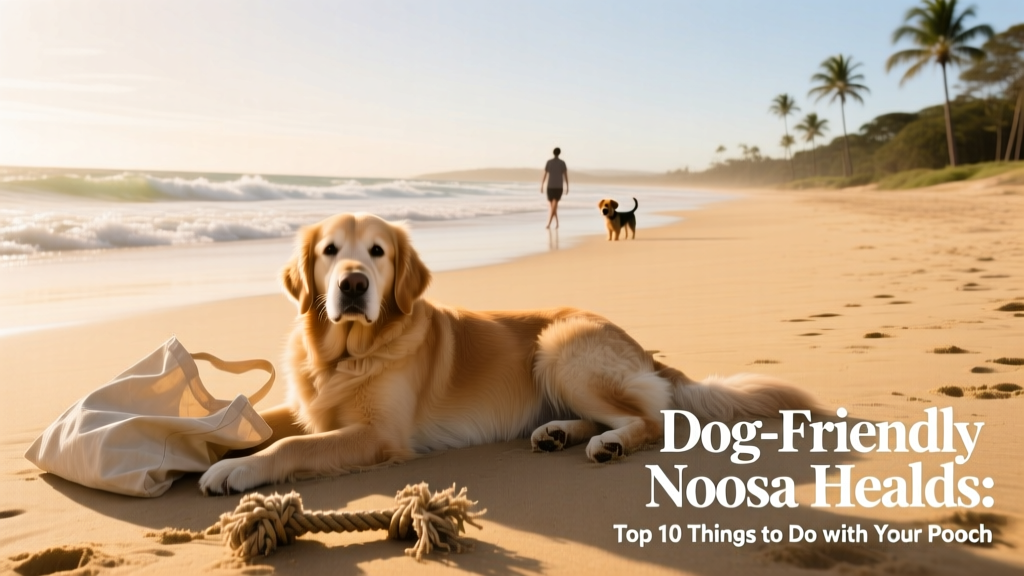 A relaxed dog enjoying time at a quiet, dog-friendly beach in Noosa Heads.