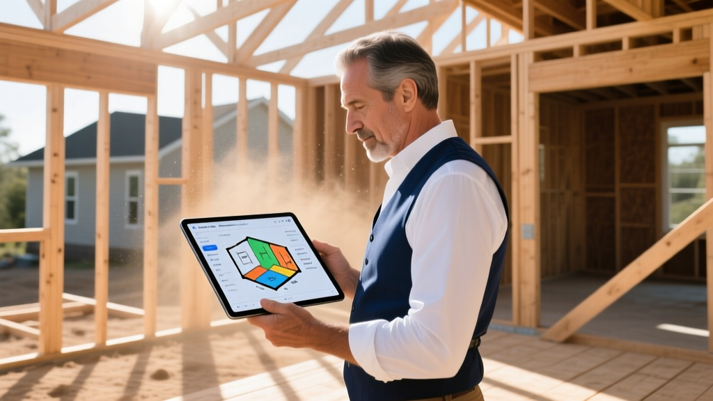 Architect reviewing digital size and scope calculator blueprints on a tablet at a residential construction site with wood framing