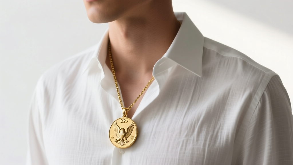 Vintage 22k gold eagle coin pendant on a 4mm Figaro chain resting over a crisp white linen button-down shirt on a male model.