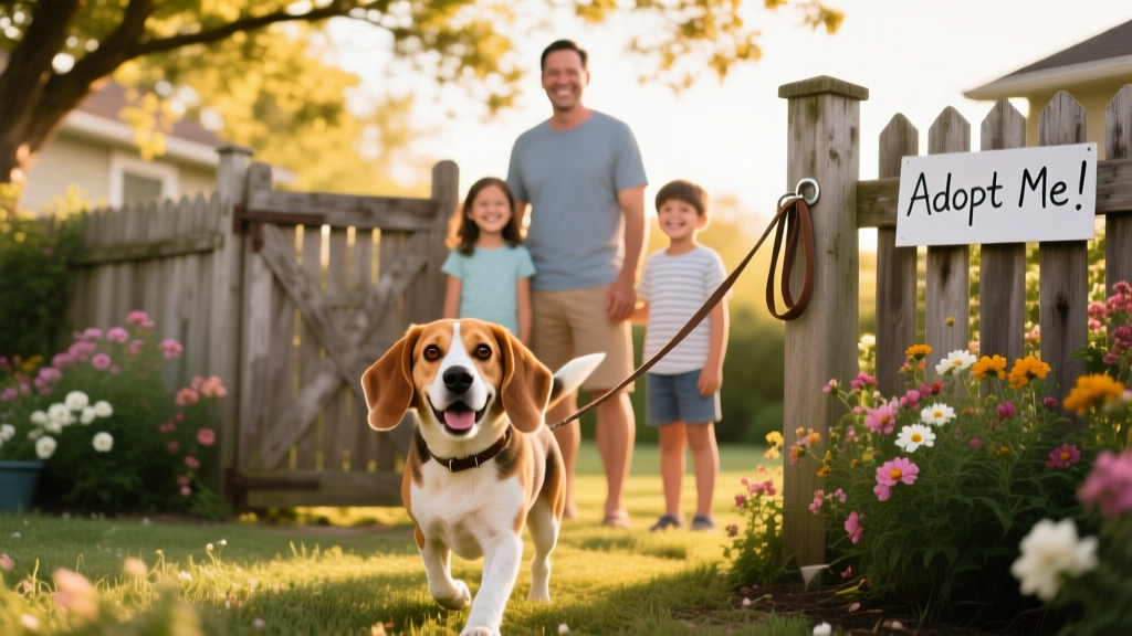 Beagle happily exploring a fenced backyard with a friendly family nearby