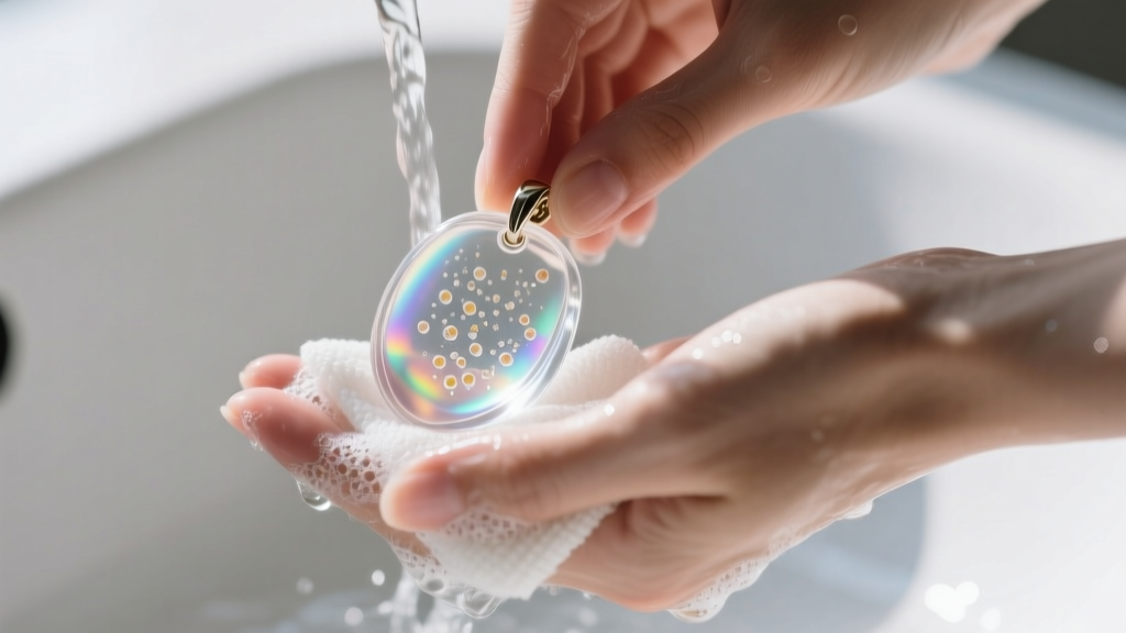 Hands washing a clear epoxy resin pendant under a gentle stream of lukewarm water using a mild soap lather and microfiber cloth.