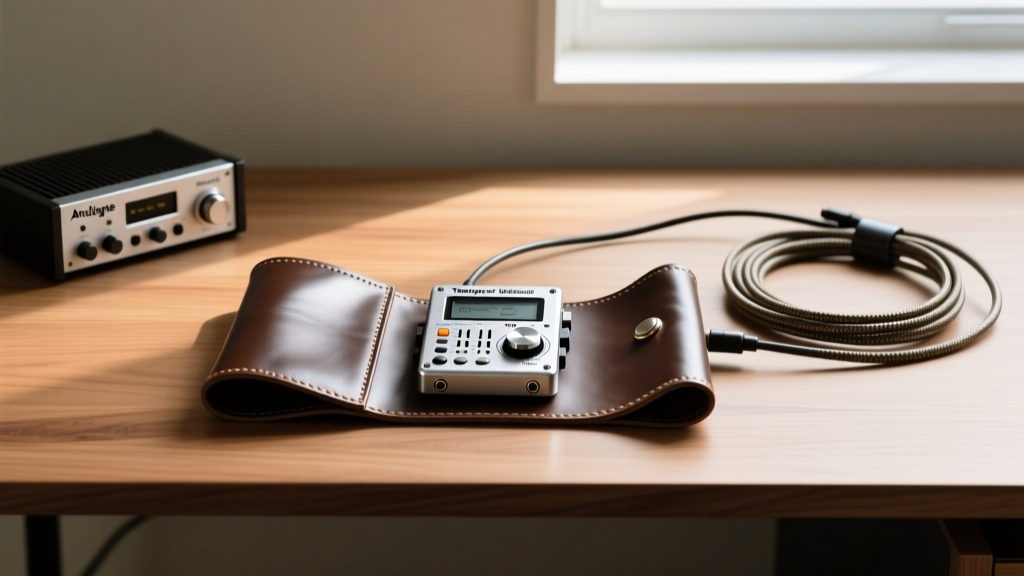Leather tech roll holding a silver Teenage Engineering TP-7 recorder, an Analogue Pocket, and braided cables on a wooden desk.