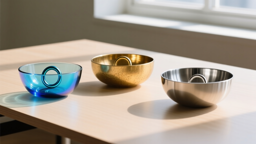 Three glass bowls containing separated jump rings of bright anodized aluminum, raw brass, and stainless steel on a wooden desk.
