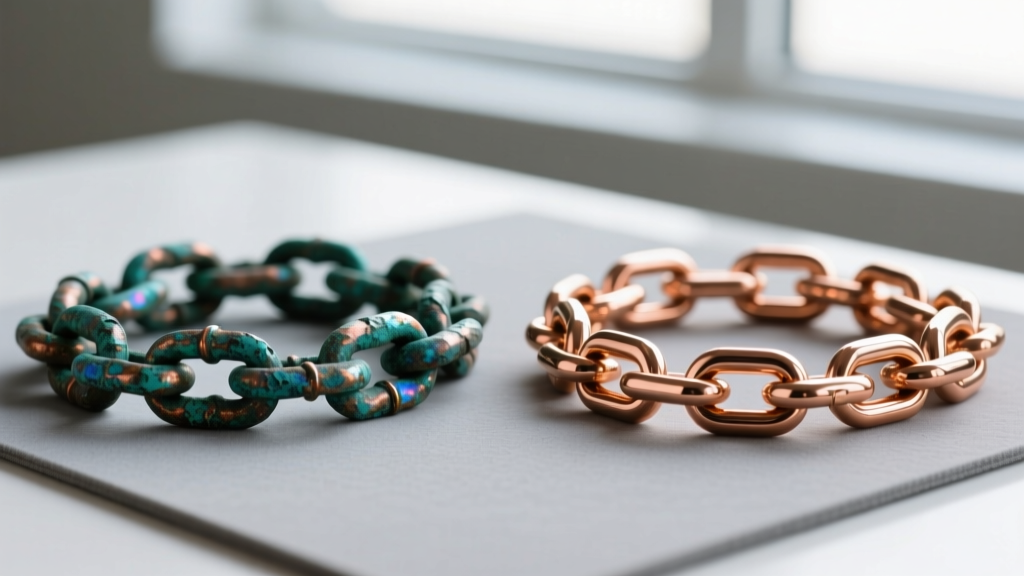 Side-by-side view of raw oxidized copper and polymer-sealed bright copper chains resting on a neutral gray jewelers mat.
