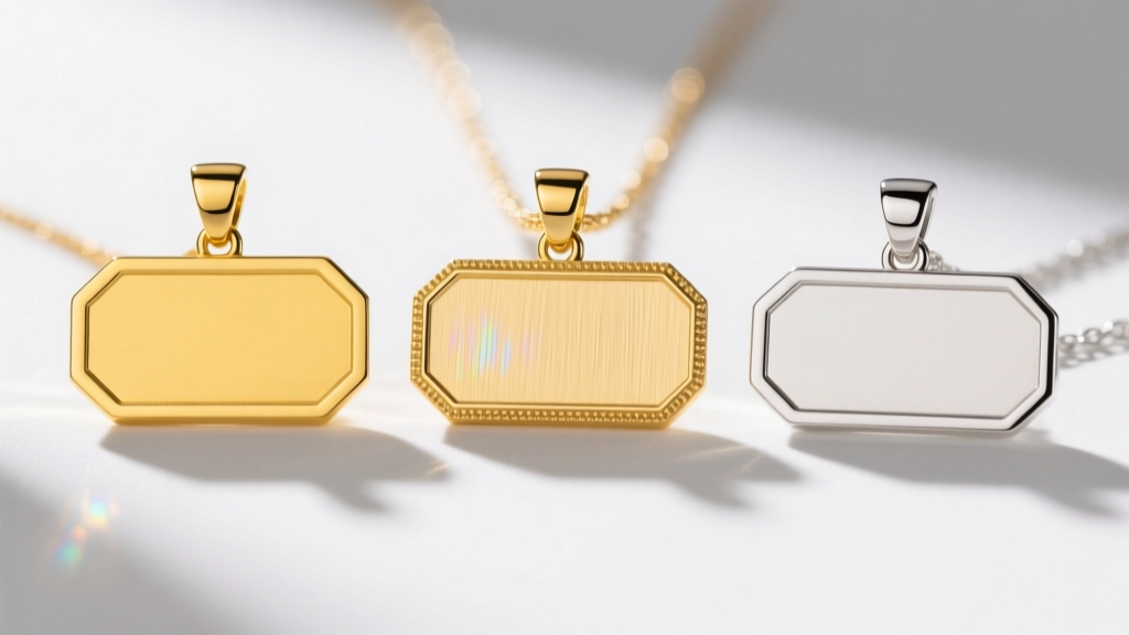 Macro shot comparing three nameplate pendants in solid yellow gold, gold vermeil, and silver, highlighting edge finish details.