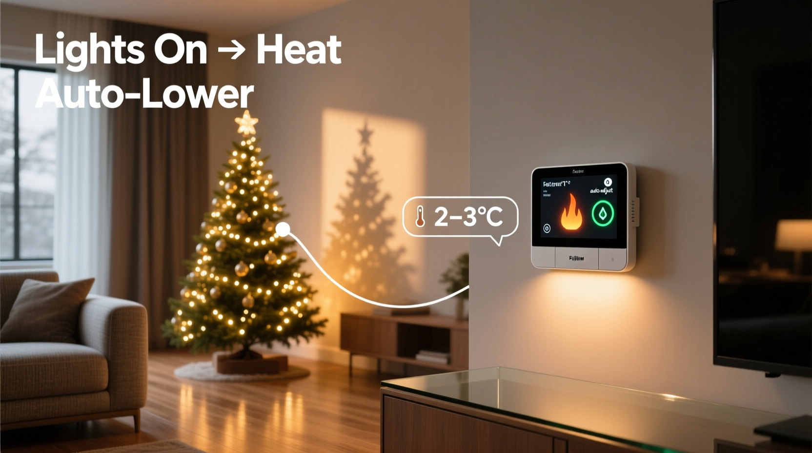 how to integrate christmas tree lights with smart thermostats to lower heating when lights are active