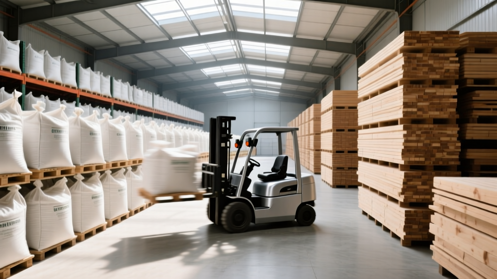 Pallets of bulk cement bags and stacked dimensional lumber in a wholesale distribution warehouse with forklifts moving inventory