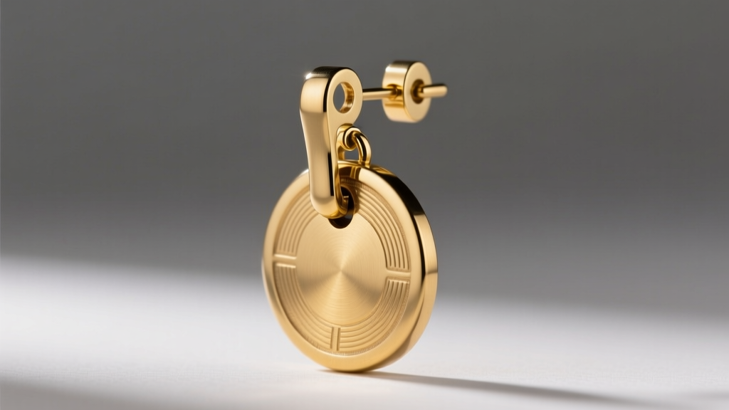 Detailed side profile of a secure leverback clasp mechanism on a heavy brass disc drop earring against a neutral grey backdrop.