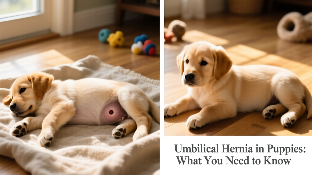Side-by-side photos showing normal puppy belly vs. one with a small umbilical hernia