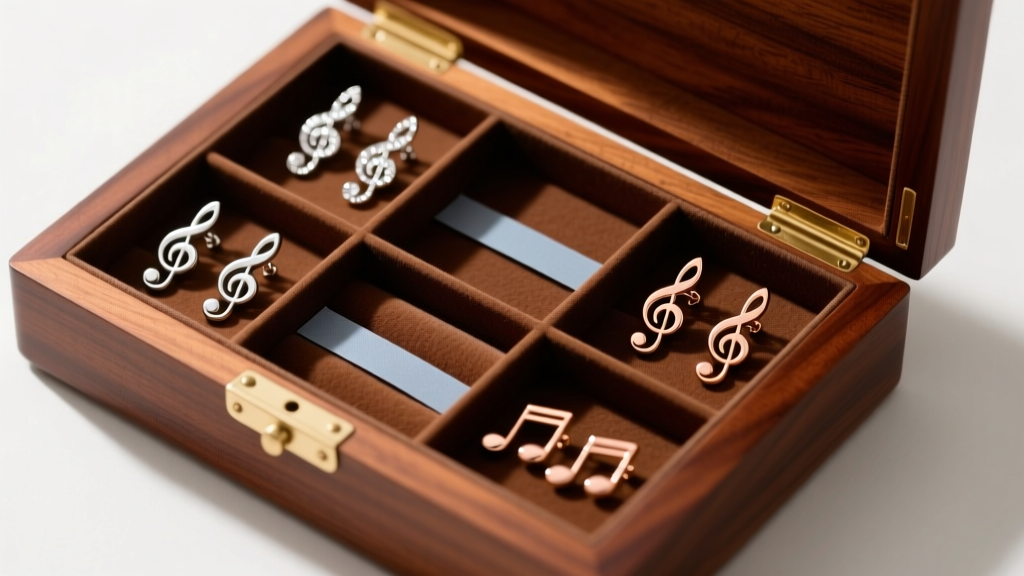 Overhead view of an open mahogany jewelry box containing compartmentalized music note stud earrings alongside anti-tarnish strips